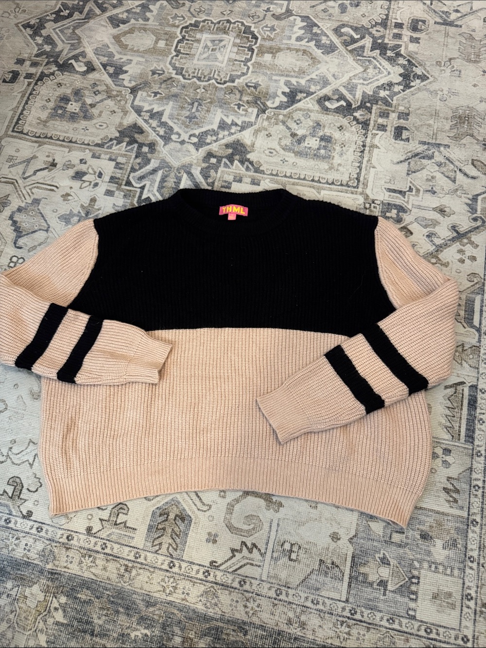 THML Medium Black Blush Colorblock Knit Sweater Striped Cuffs Preppy